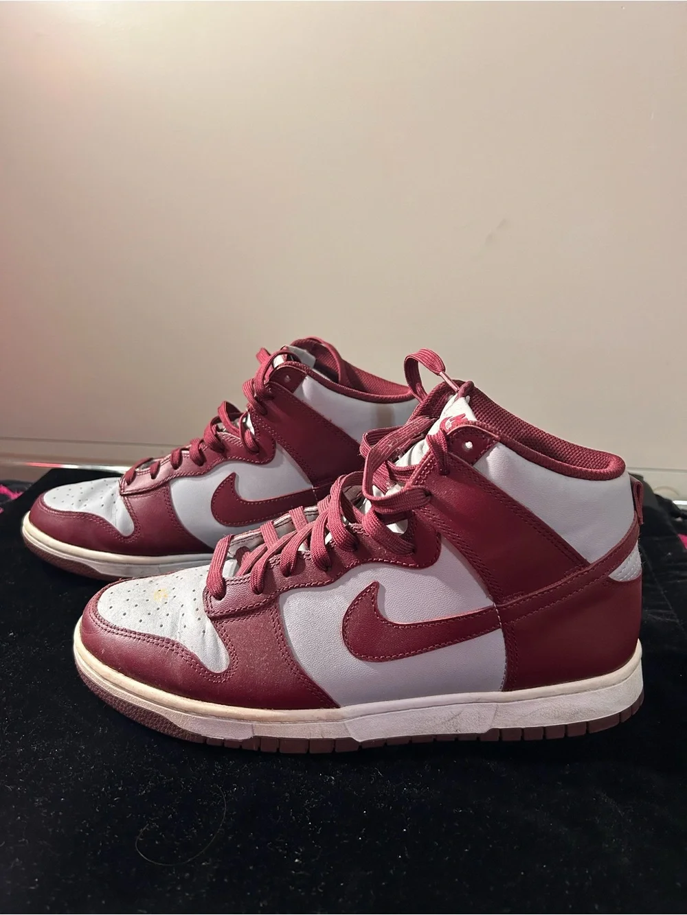 Nike Dunks Maroon and White High-Top Sneakers